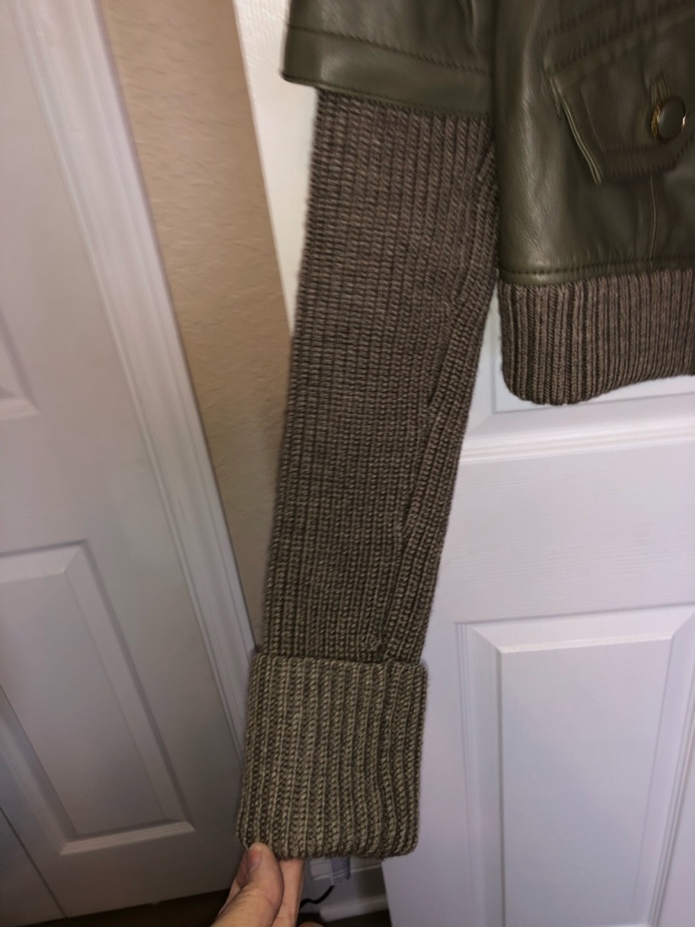 Tory Burch Olive Green Mixed-Media Leather Jacket with Knit Trim - Picture 7 of 8